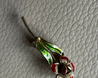Vintage Guilloche Enamel Rose Brooch: 800 Silver Filigree, 1970s