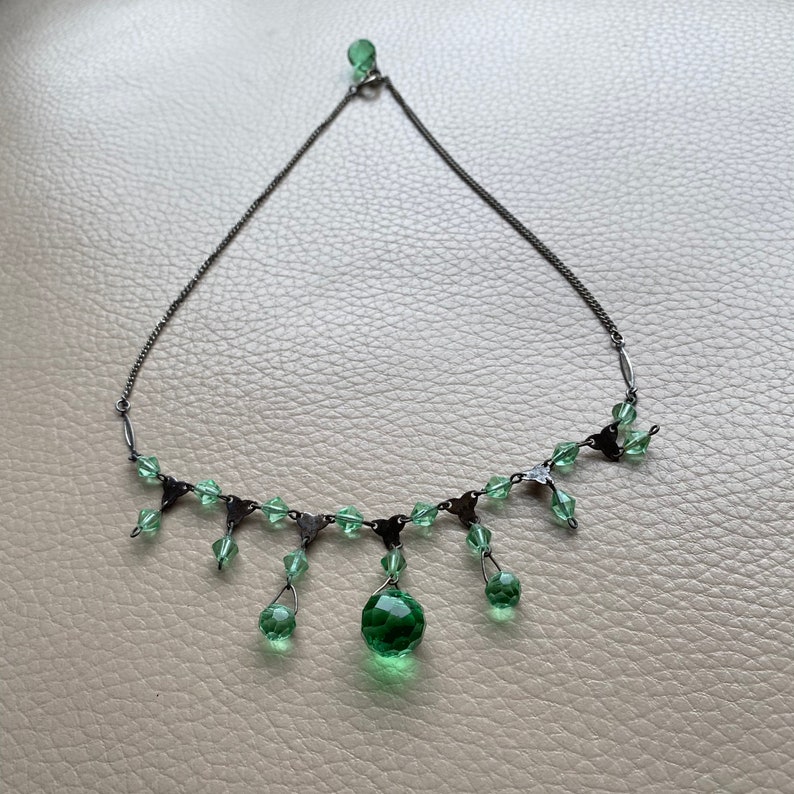 1930s Green Glass Necklace Dropper Necklace Dangle Necklace Vintage NecklaceLink Necklace 1920s 16 Inches Glass Beading Art Deco Geometric