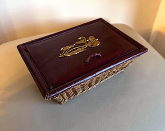Antique Art Nouveau Sewing Box: Wicker, Red Silk & Leather Etui
