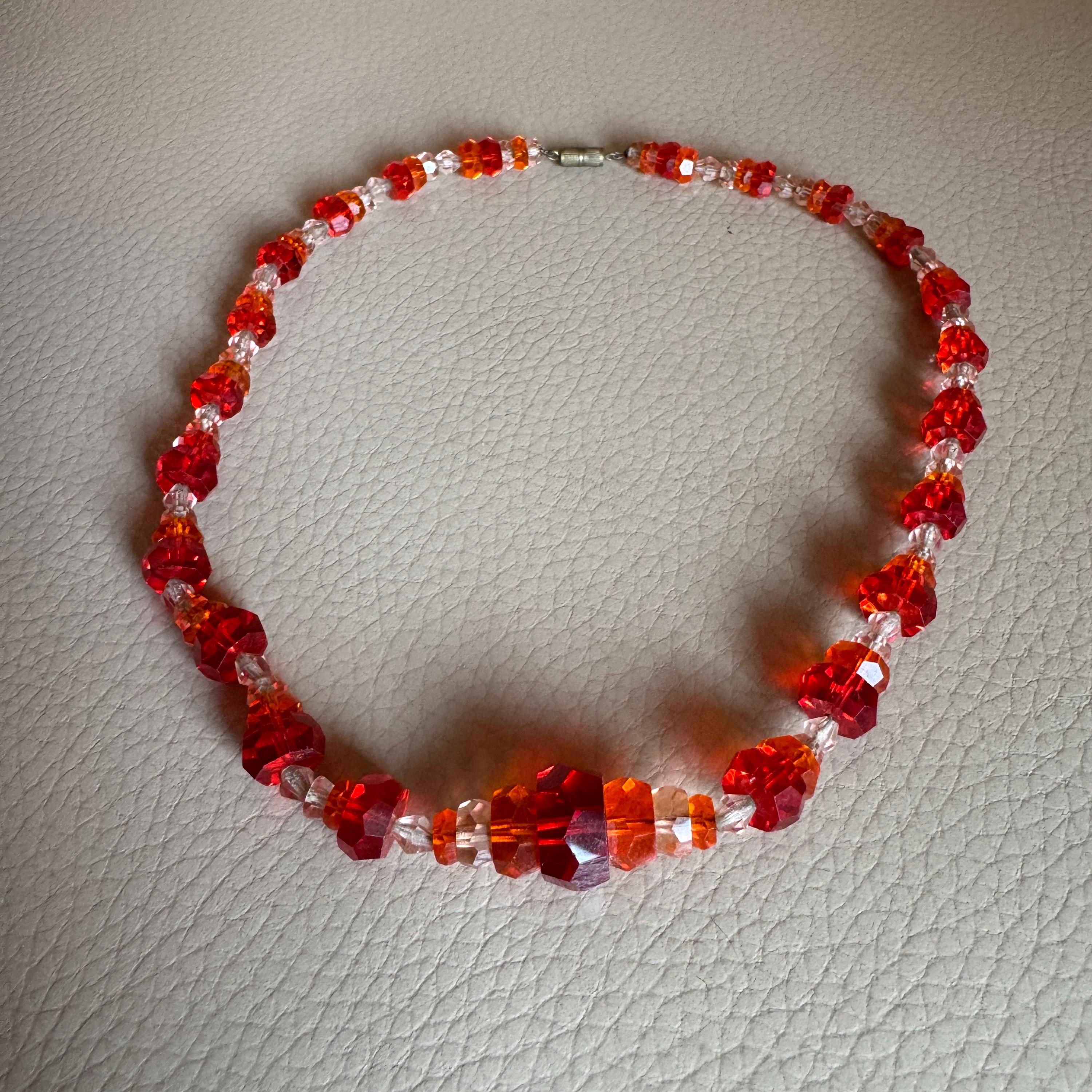 ヴィンテージ オレンジガラスビーズネックレス - 1930年代 幾何学模様