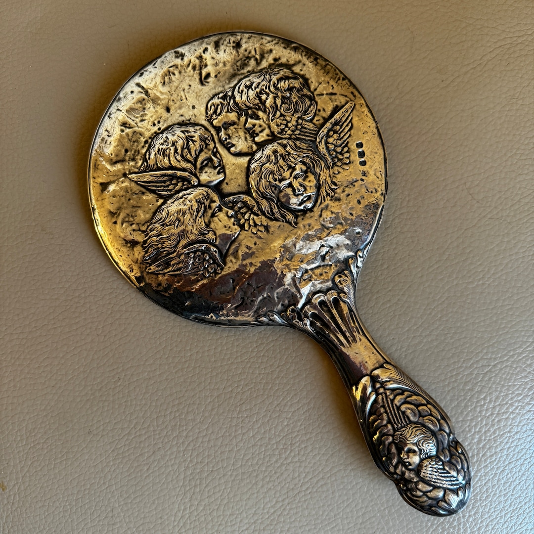 Antique Silver Hand Mirror: Art Nouveau Cherub Vanity Mirror, 1909
