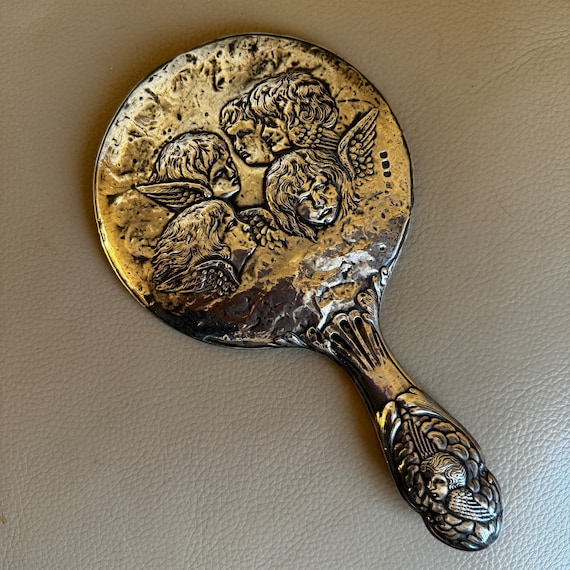 Antique Silver Hand Mirror: Art Nouveau Cherub Vanity Mirror, 1909