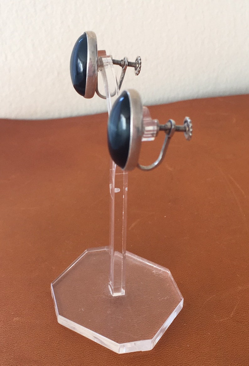 1950s Silver Earrings Blue Tigers Eye Black Oval Large Vintage Retro Screw On