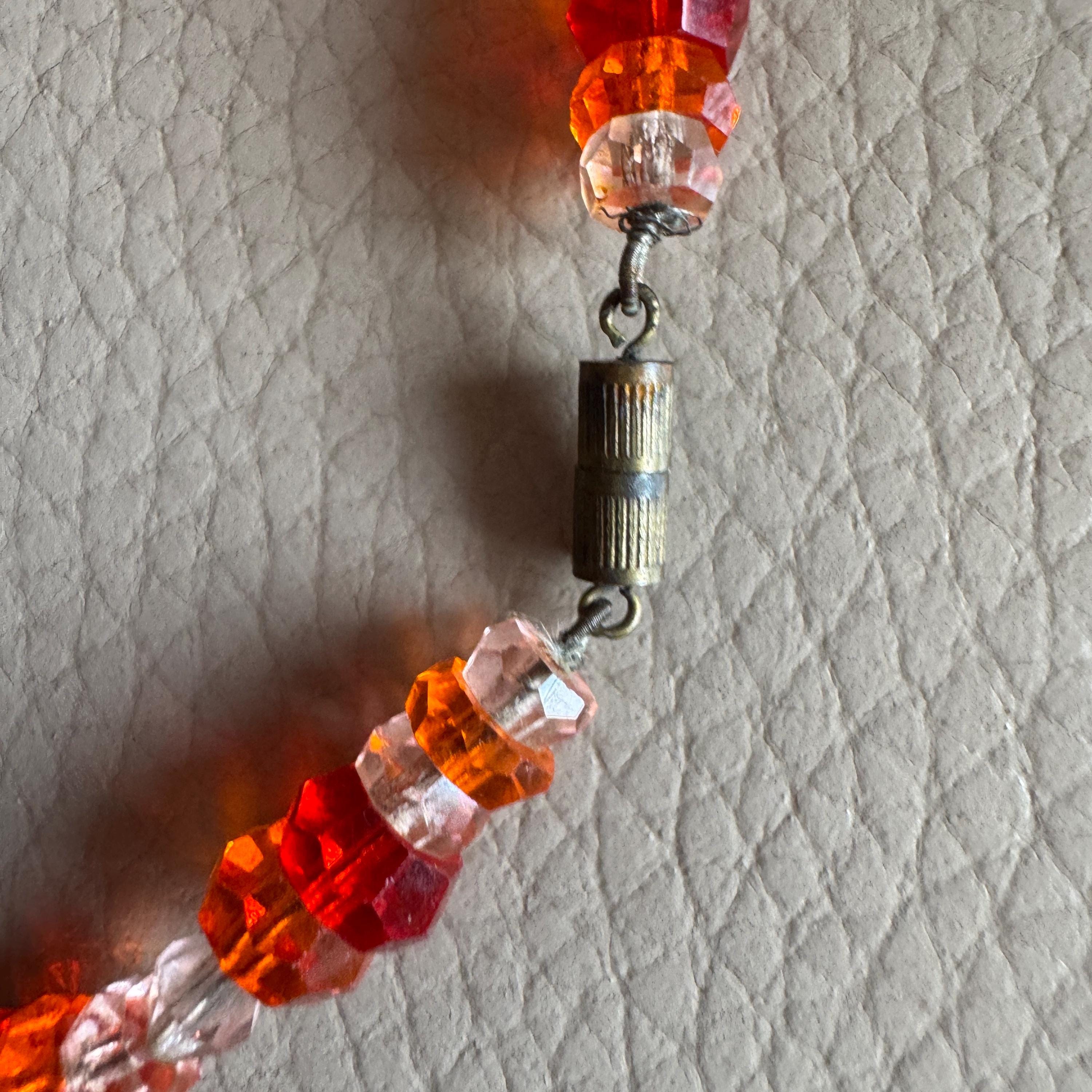 ヴィンテージ オレンジガラスビーズネックレス - 1930年代 幾何学模様