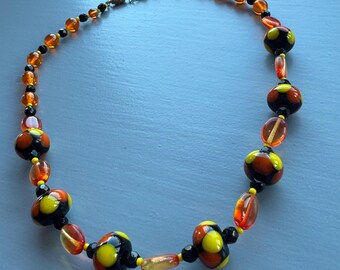 Vintage Murano Glass Beaded Necklace: Orange & Black, 1970s