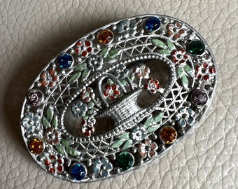 Broche antiguo de cristal checo: broche con forma de cesta de flores esmaltado estilo Art Nouveau
