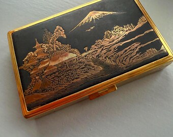 Japanese Clover Musical Powder Compact: 1960s Handbag Mirror, Puff