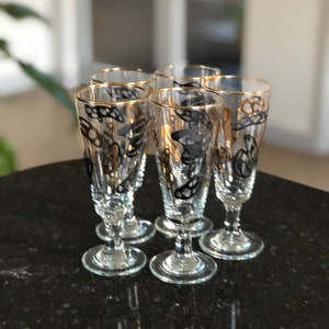 1970s Glasses Wine Glasses Set 5 Glasses Vintage Glasses Black Glasses Gilded Enamelled Drinkware Abstract Design 1970s Stemware