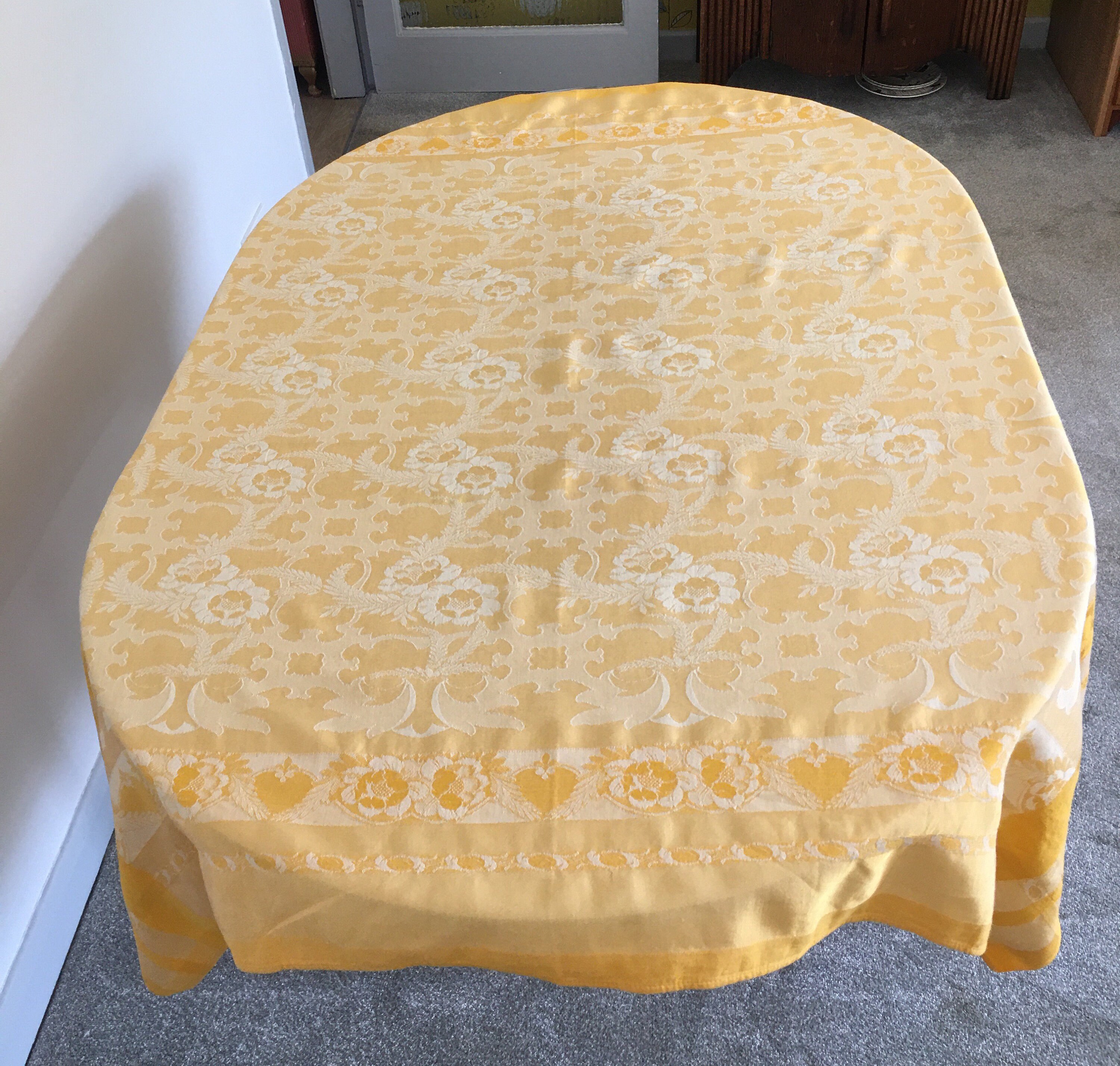 Damask Tablecloth 1930s Table Cloth Picnic Cloth Yellow Cotton Etsy