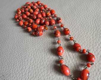 Collier en verre Millefiori rouge des années 1930, collier de perles Flapper vintage (38 in)