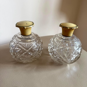Antique Pair Perfume Bottles 2 Scent Bottles Cut Glass Perfume Flasks Pair Cologne Bottles Art Deco Perfume Bottles 1920s Stopper Enamel Lid