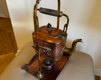 Antique Spirit Kettle Arts and Crafts Victorian Copper Kettle Stand and Burner Edwardian Spirit Kettle And Burner 1890s 1900s Hand Hammered