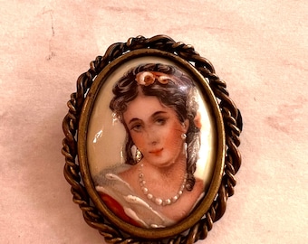 Portrait Brooch Picture Brooch 1930s Limoges Brooch Porcelain Ceramic French Hand Painted Pin Trombone Clasp 1920s Old