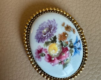 Broche Signée SISCA En Porcelaine De Limoges Bleue Avec Fleurs Et Monture Laiton - Vintage à Réparer