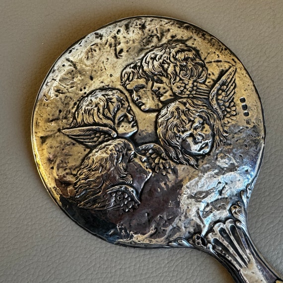 Antique Silver Hand Mirror: Art Nouveau Cherub Vanity Mirror, 1909