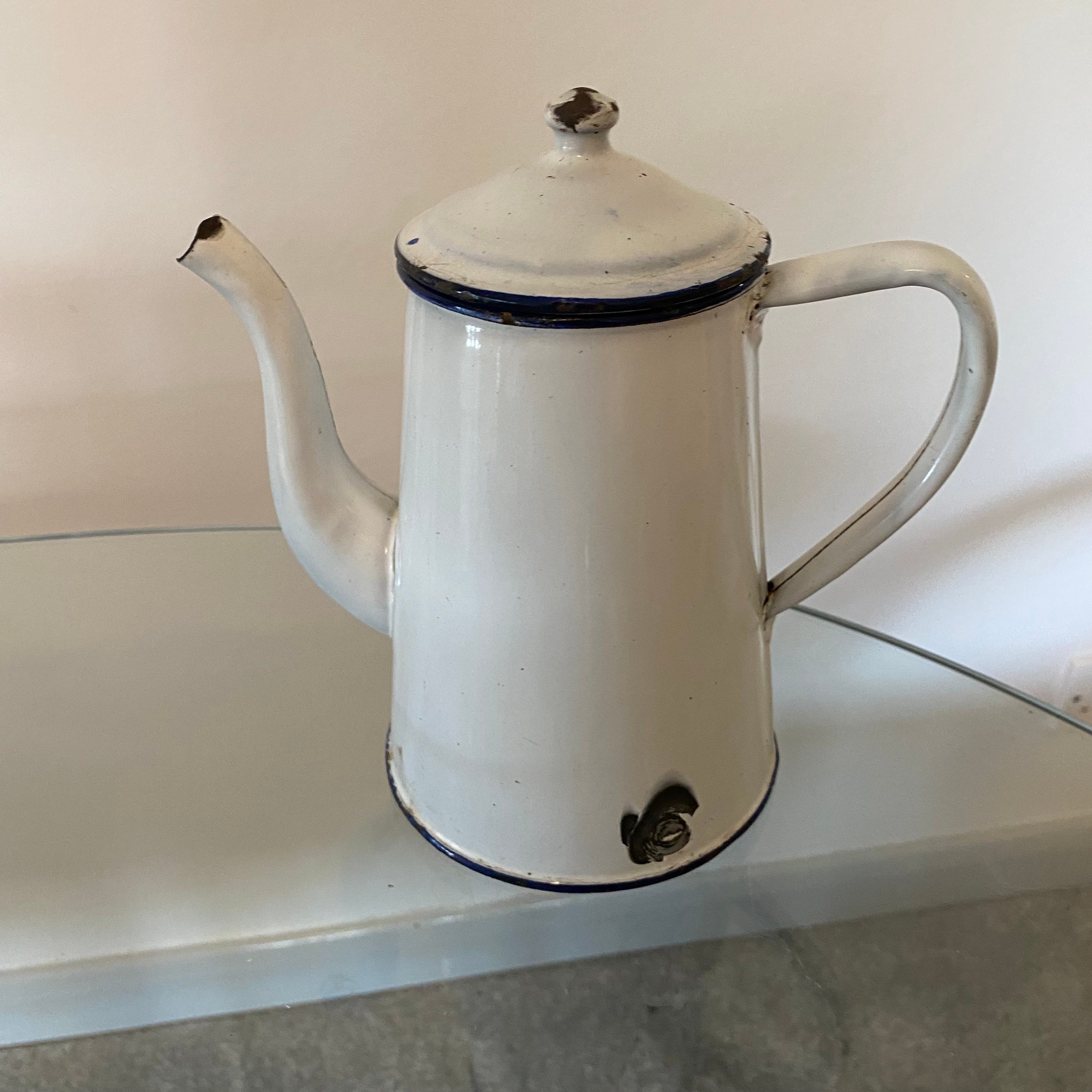 1950s French Enamel Stove Top Coffee Pot Blue Coffee Percolator Blue Rustic  Coffee Biggin French Country Cafetiere 