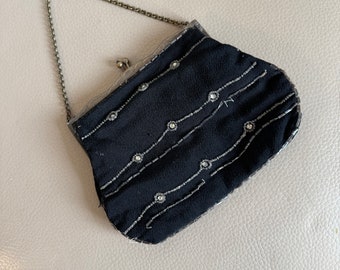 Antique Beaded Evening Bag: 1920s Art Deco Black Crepe Purse