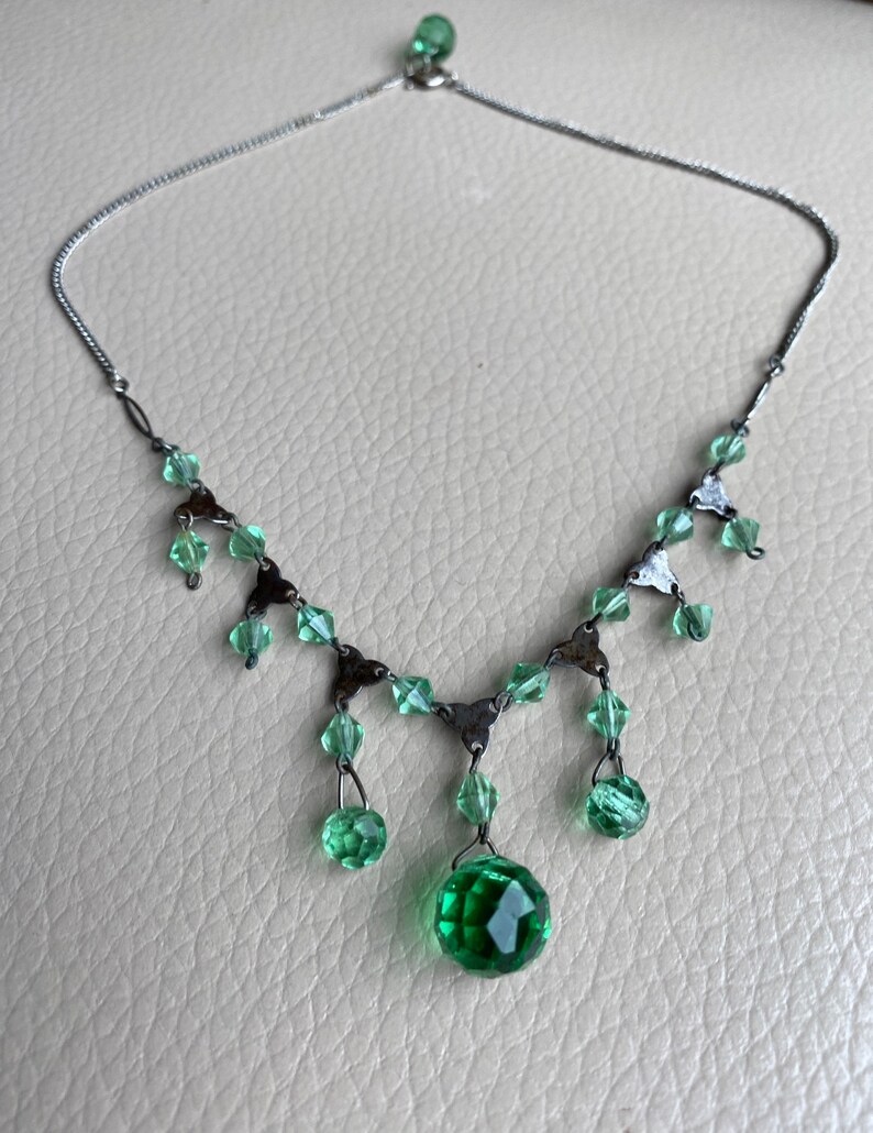 1930s Green Glass Necklace Dropper Necklace Dangle Necklace Vintage NecklaceLink Necklace 1920s 16 Inches Glass Beading Art Deco Geometric