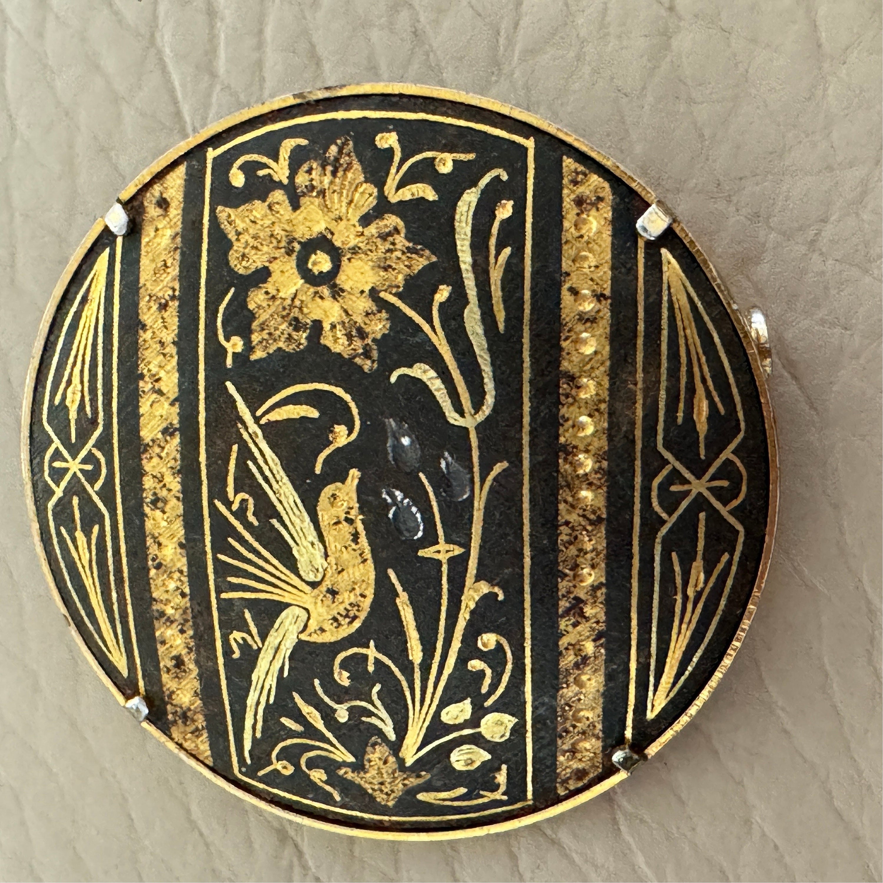 Vintage Toledo Damascene Brooch: Spanish Bird Jewelry, Trombone
