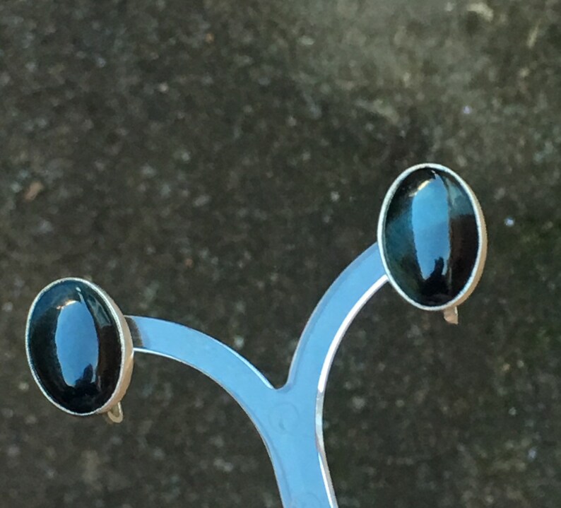 1950s Silver Earrings Blue Tigers Eye Black Oval Large Vintage Retro Screw On