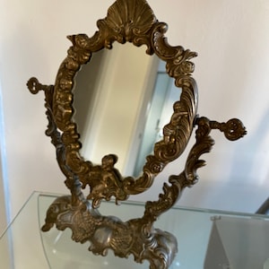 Espejo de tocador, espejo de pie, espejo vintage, espejo Art Nouveau, espejo italiano, espejo de peltre, espejo de sobremesa, espejo inclinable para dormitorio, putti