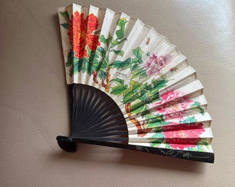 vintage paper folding hand fan: wooden, 1950s, floral