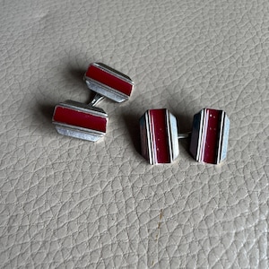 vintage enamel cufflinks red striped mens cufflinks link cufflinks 1930s cufflinks Art Deco geometric cufflinks octagonal cufflinks 1940s