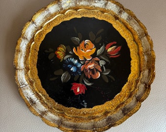 Vintage Italian Florentine Round Tray, Gold Gilt Wood Hand Painted ...
