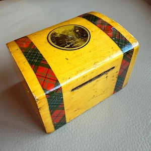 Antique Scottish Tartanware Money Box: Victorian Savings Box, 1860s, 1870s, Mauchlinware