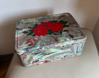 Vintage French Chocolate Box 1930s Bakelite Box French Regibana Chocolate Box Sewing Box Craft Box 1940s Storage Box Marbled Bakelite Roses