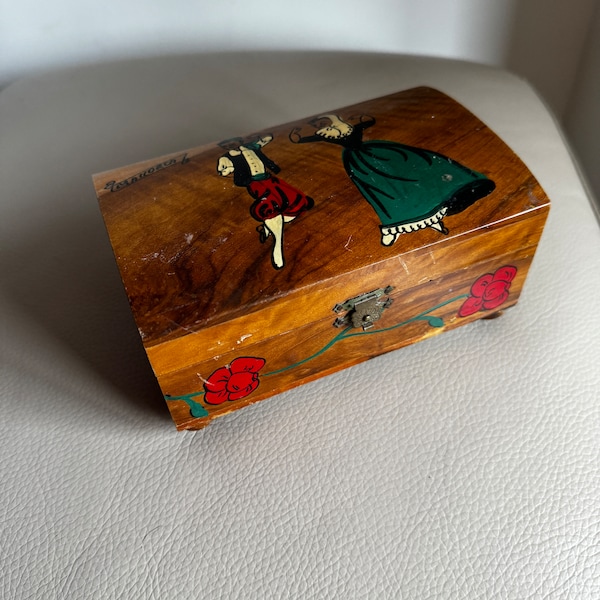 vintage musical jewellery box 1960s music box Spanish jewellery box wooden jewelry box hand painted jewellery box musical box vanity mirror