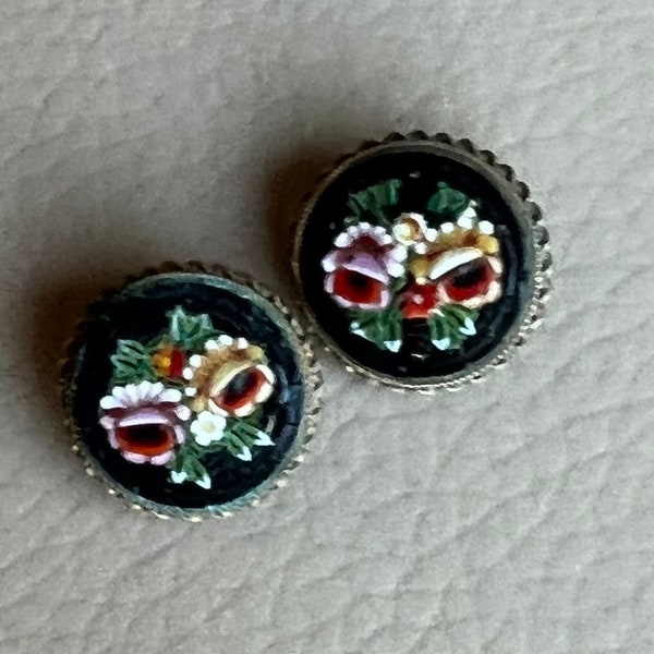 1940s Earrings Micromosaic Earrings Vintage  Earrings Clip On Earrings Italian Earrings 1950s Earrings Flower Earrings Floral Earrings Black
