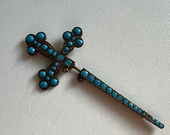 Antike französische Kreuz Krawattennadel: Stickpin aus Messing & Opalglas, 1890er Jahre