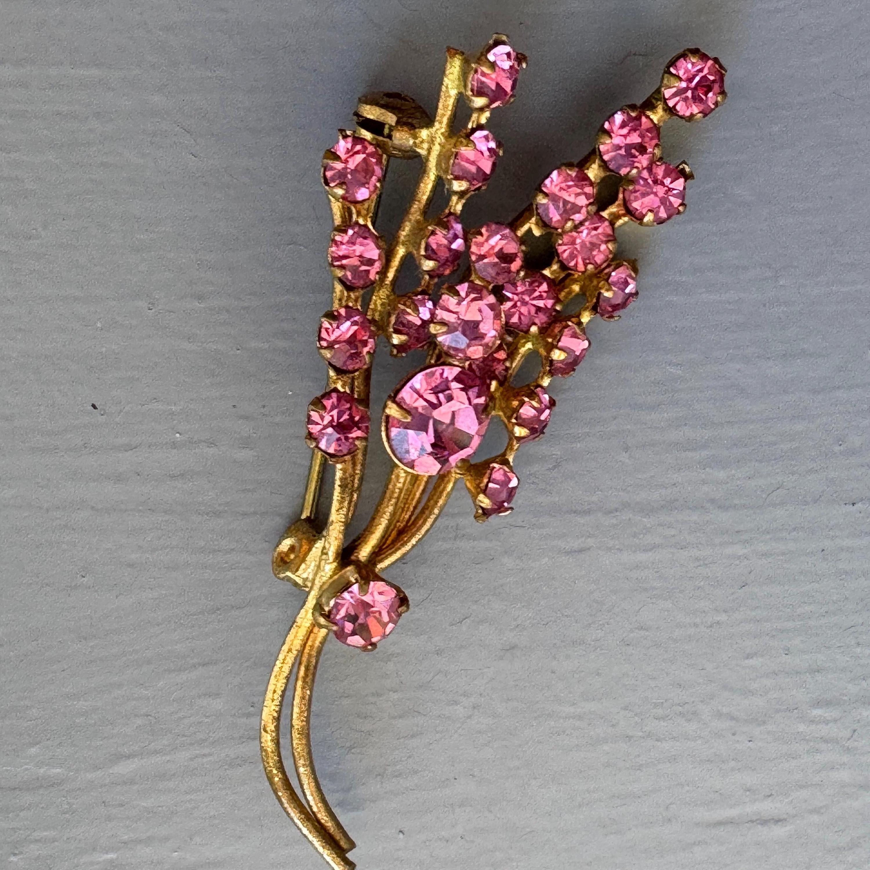 ヴィンテージ ピンクガラス ブローチ：金メッキ 1930～40年代 貼り付け