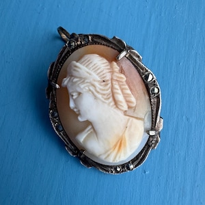 Vintage 1950s Shell Cameo Pendant: 800 Silver Marcasite Jewelry