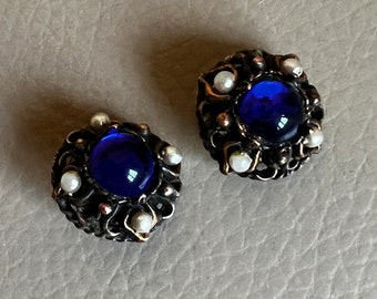 Boucles D'Oreilles Clips Vintage En Micromosaïque Et Lapis-Lazuli - Laiton Et Verre - Occasion