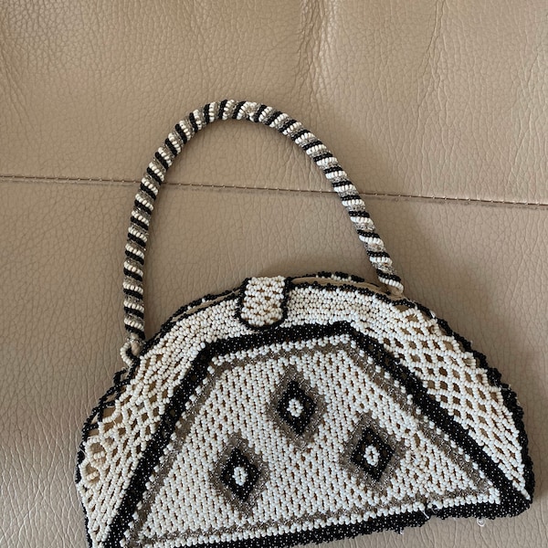 1920s Beaded Bag Antique Beaded Bag Beaded Handbag Opalescent Glass evening bag cocktail bag Black White Art Deco Geometric flapper