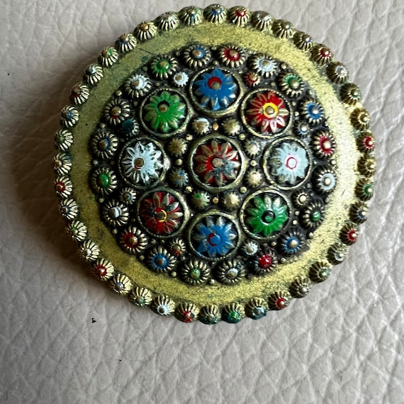 Broche Ancienne En Laiton émaillé Rouge Et Noir - Style Art Nouveau, France, Occasion Bon état