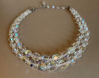 Vintage Aurora Borealis Crystal Necklace: 1950s Double Strand Glass Beads
