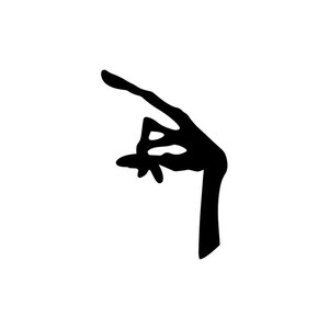 May include: A black silhouette of a hand making a gesture. The index finger is extended, pointing upwards, while the other fingers are curled inward. The hand is set against a white background.