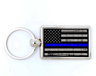 Thin Blue Line Flag Keychain - Personalized Police Officer Gift