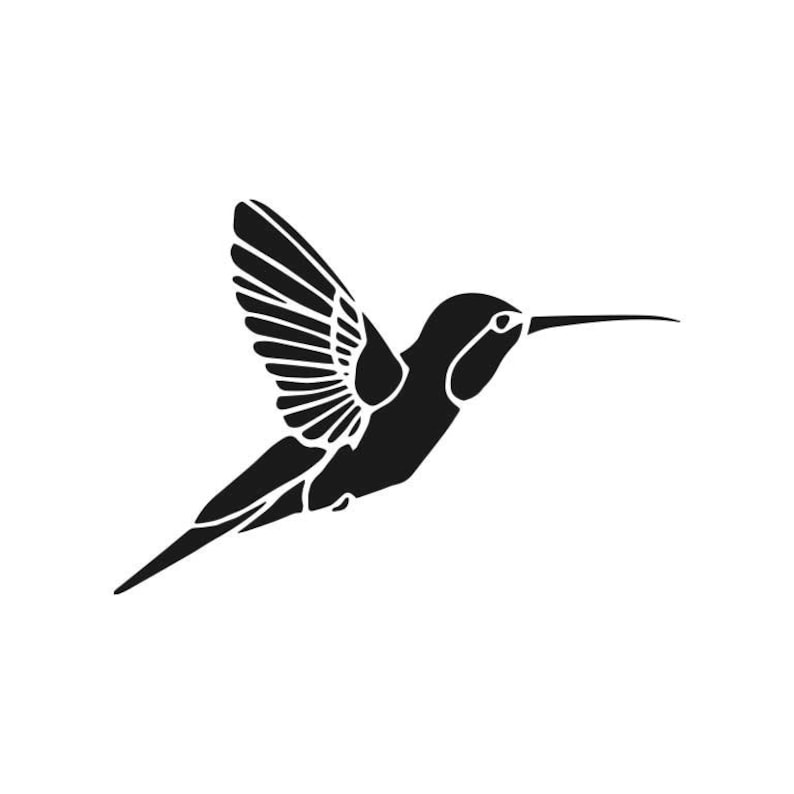 Puede incluir: Silueta negra de un colibr&iacute; en vuelo, con plumas de alas y cola detalladas. El ave se representa con un pico largo y delgado, sobre un fondo blanco liso. Adecuado para calcoman&iacute;as, pegatinas o arte mural.