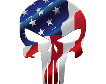 May include: A skull graphic with the American flag design. The skull is white with red and blue stripes.