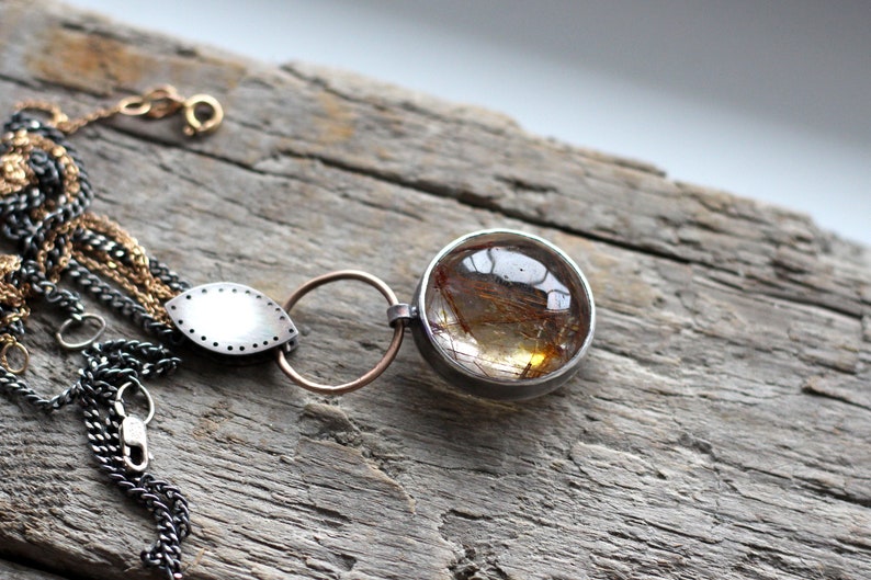 Huge beautiful rutilated qurartz pendant Silver and bronze art deco big stone necklace Dangle rustic yellow brown round pendant Gypsy