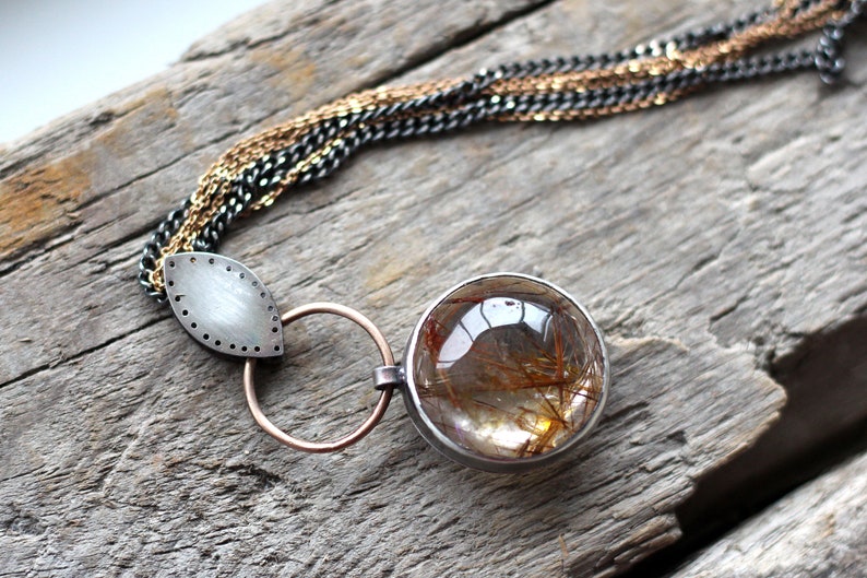 Huge beautiful rutilated qurartz pendant Silver and bronze art deco big stone necklace Dangle rustic yellow brown round pendant Gypsy