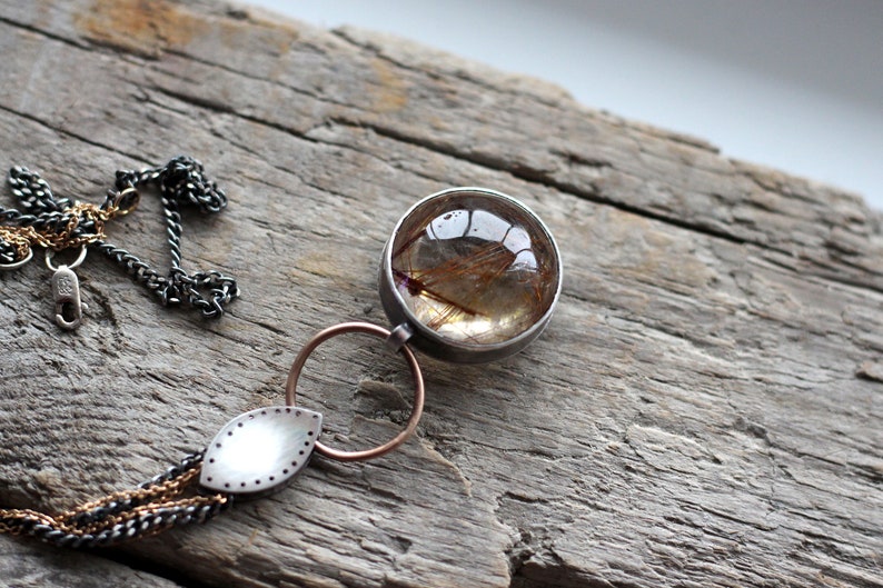 Huge beautiful rutilated qurartz pendant Silver and bronze art deco big stone necklace Dangle rustic yellow brown round pendant Gypsy