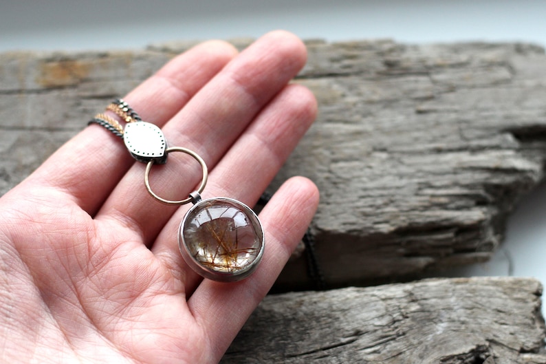 Huge beautiful rutilated qurartz pendant Silver and bronze art deco big stone necklace Dangle rustic yellow brown round pendant Gypsy