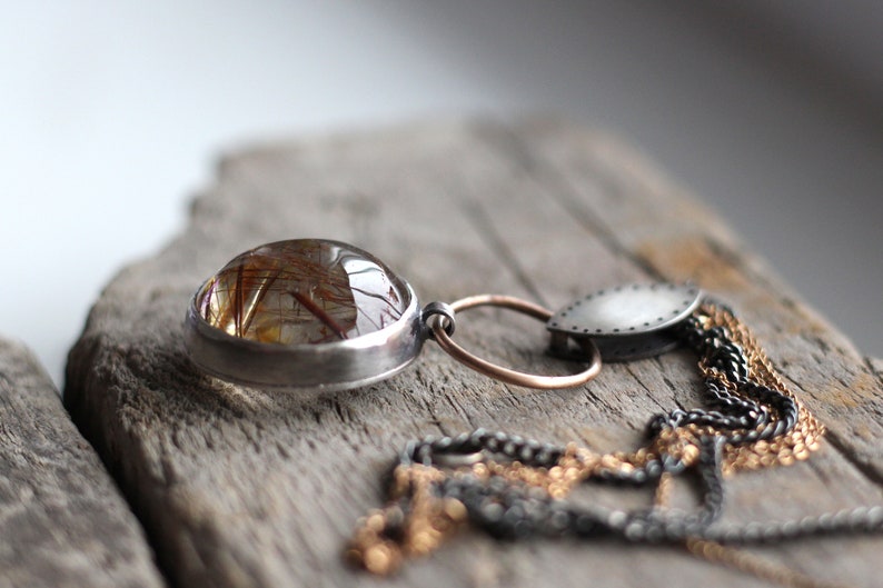 Huge beautiful rutilated qurartz pendant Silver and bronze art deco big stone necklace Dangle rustic yellow brown round pendant Gypsy