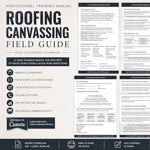 Può includere: Un manuale di formazione professionale di sei pagine intitolato Roofing Canvassing Field Guide, con testo nero su sfondo bianco. Il documento include sezioni su mentalità, script per le porte, strategia di vendita e sistemi di follow-up.