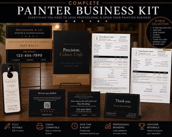 Puede incluir: Un kit completo para negocio de pintura con materiales impresos en negro y dorado que incluye letrero, colgador de puerta, paquete de bienvenida, factura, presupuesto, tarjeta de agradecimiento, referencia y reseña.